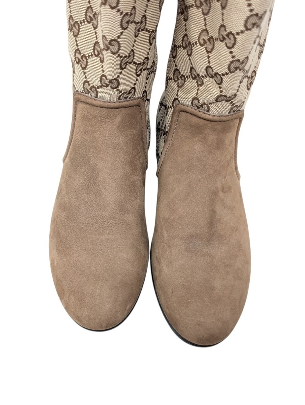 Gucci Monogram Beige Brown Canvas Suede Knee High Flat Riding Boots Size EU 37.5 - Picture 9 of 14